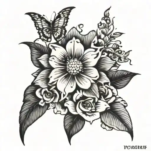 Thick Black Line Flower With Birds And Butterflies Sleeve