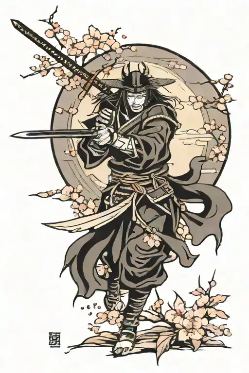 Dark Samurai With Sakura And Moon Background Black