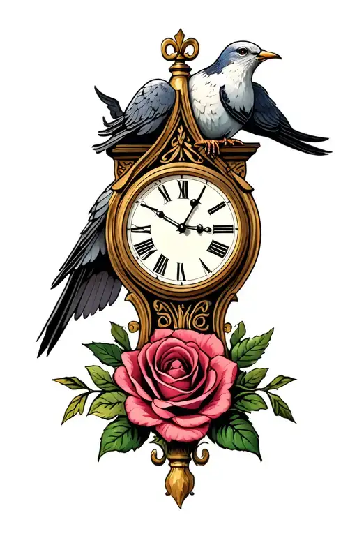 Dove Perched On Fancy Medieval Clock With A Single Rose At The Bottom