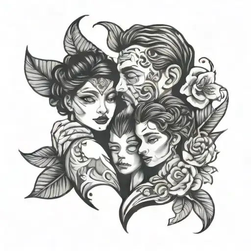 Family Tattoo Father And A Mother And 7 Years Daughter With 3 Years Son In Black Shade