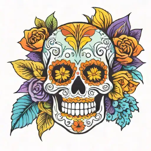 Sugar Skull Of Mexico With Color Skyblue Purple And Orange And Yellow