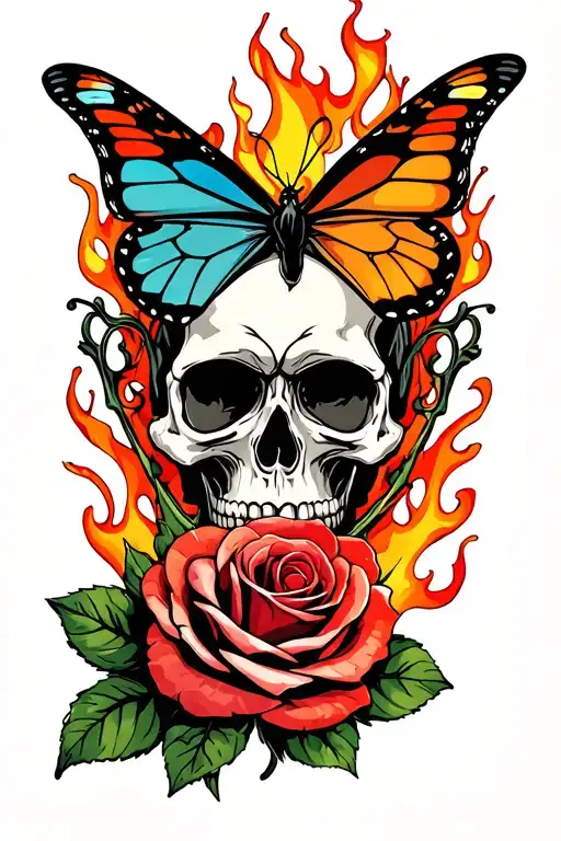 Skull And Rose And Fire Flames And Butterfly