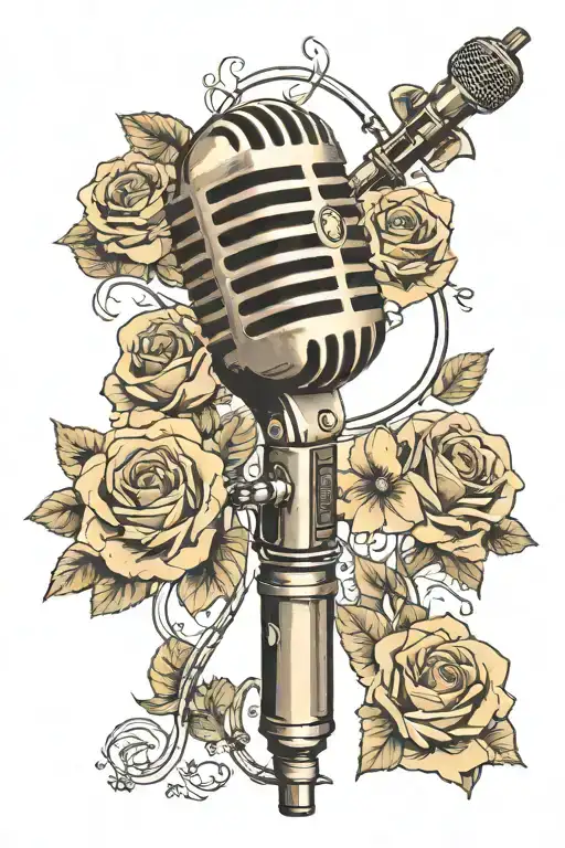 Vintage Microphone With Sheet Music And Flowers Intertwined