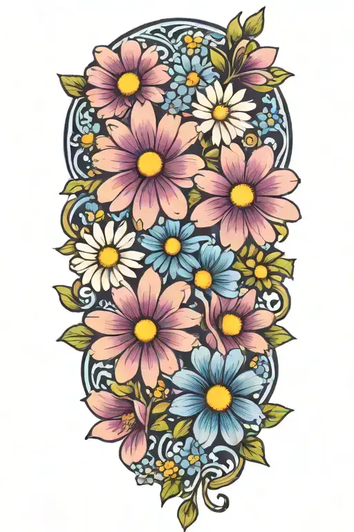 Purple Daisy Flowers Intertwined With Blue Cosmos Flowers