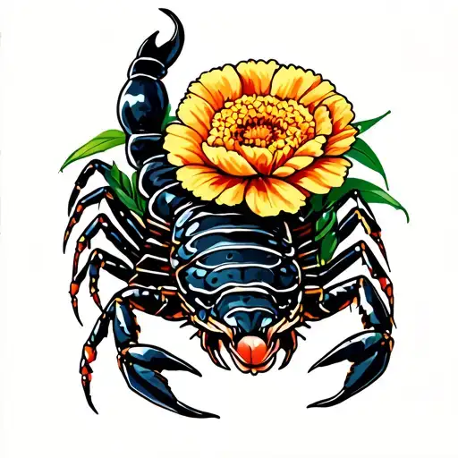 Scorpion With A Marigold Flower At The Side