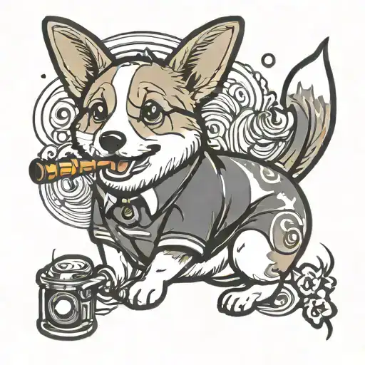 Cartoon Corgi With Bong Thick Lines