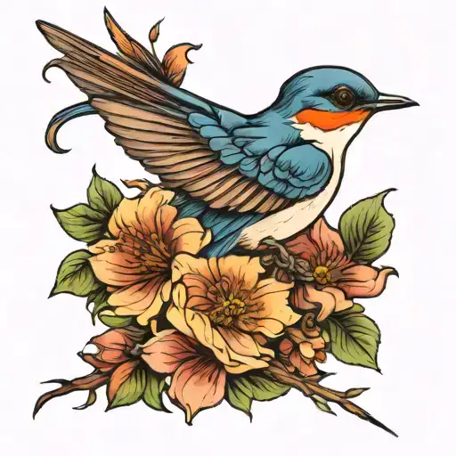 Swallow Bird Flower Intertwined
