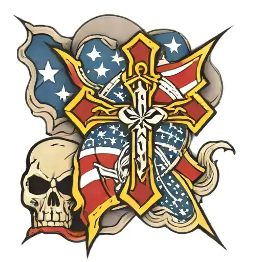 Cross Behind American Flag Behind Ironman Symbol