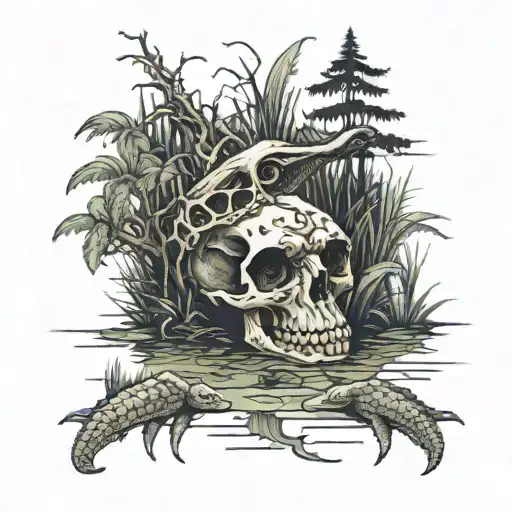 Swamp Scene With Alligator Skull