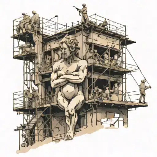 A Statue Sorounded By Scaffolding With Little People On It Building