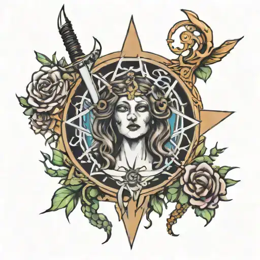 Sword Pentacle Horned Goddess Surrounded