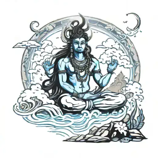 Shiva Sits On The Mountain And Streams Of Water Flow Down From His Jets