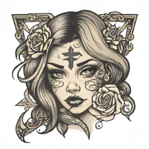 Pretty Girl With Tattoos And Cross As Eyes