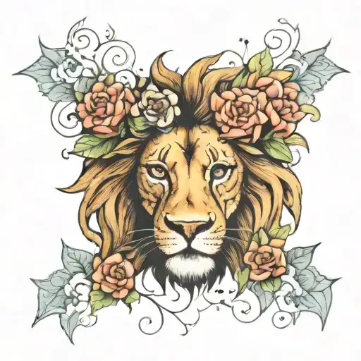 Half Lion Face Morphing Into Flowers With Birthdates
