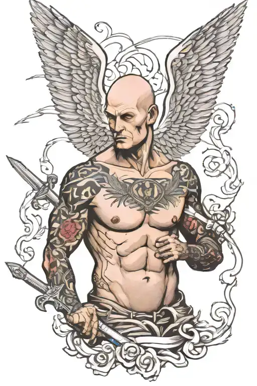 Naked Bald Man With Wings And A Sword Tattooed On His Chest