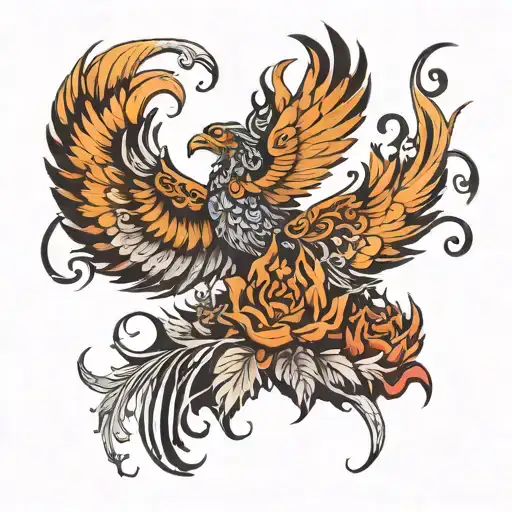 Phoenix Rising From The Ashes And Mending Herself With Floral Around It