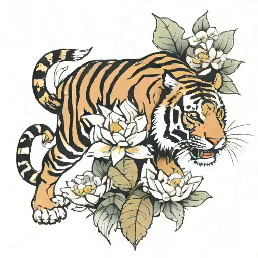 Tiger Walking With Lotus Flower