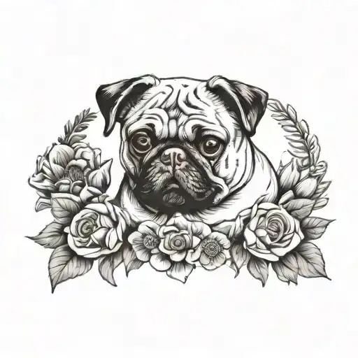Racing Wings On A Small Pug Surrounded By A Poppy And Sunflower Wreath