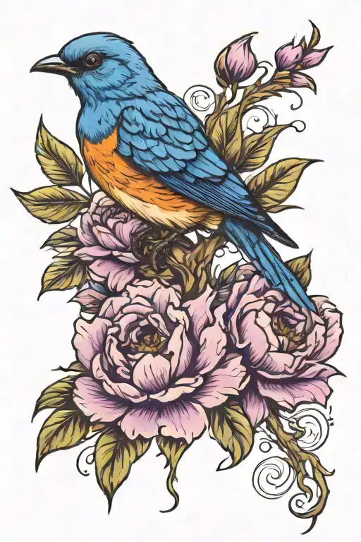 Bluebird With Purple Peony Flowers