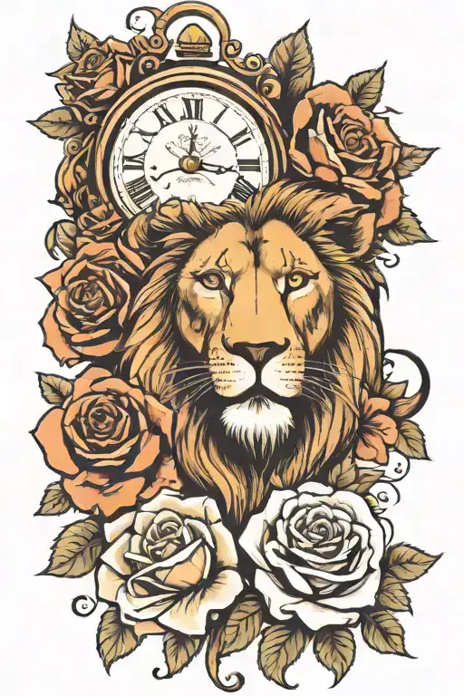 Lion Head And Roses With A Clock