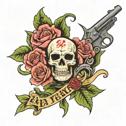 Skull With Revolver And Roses Wiht A Banner That Says Eat Fuck