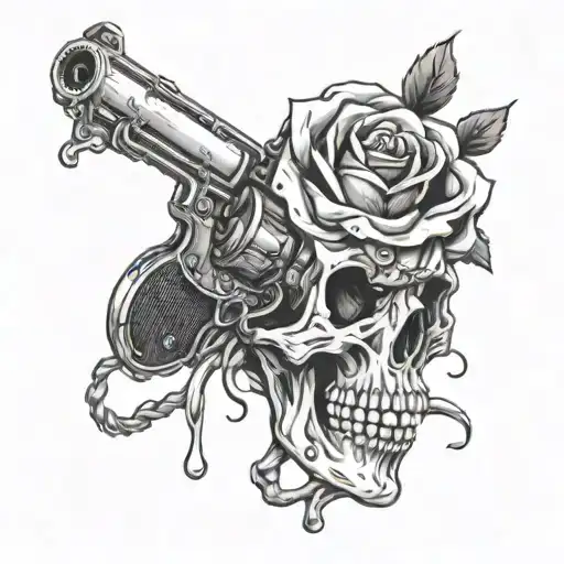 Skull That Is Melting Into A Revolver Intertwined With Roses