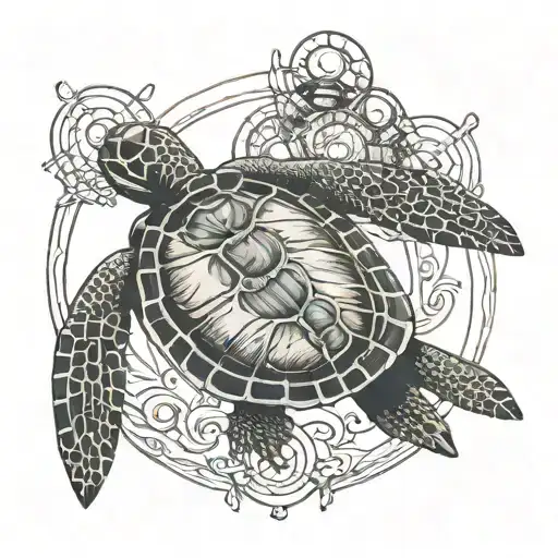 Vitruvian Man On Back Of Sea Turtle Swimming