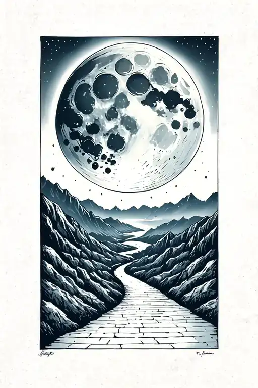 The Moon Looking Over The Mountains With 2 Pathways Leading Out