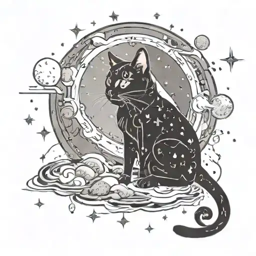 A Cosmic Scene With A Black Cat Gazing Up At Meteors Flying Past