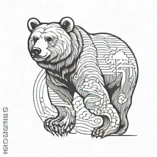 Bear With Graphics Lines Trees Japan Style