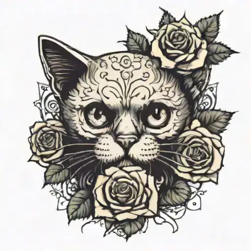 A Cat Looking In Front Of A Skull And In The Background A Rose