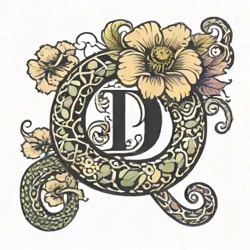 Letter D With Slight Flower And Snake Coiled