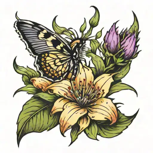 Lily Flower Intertwined With A Thistle