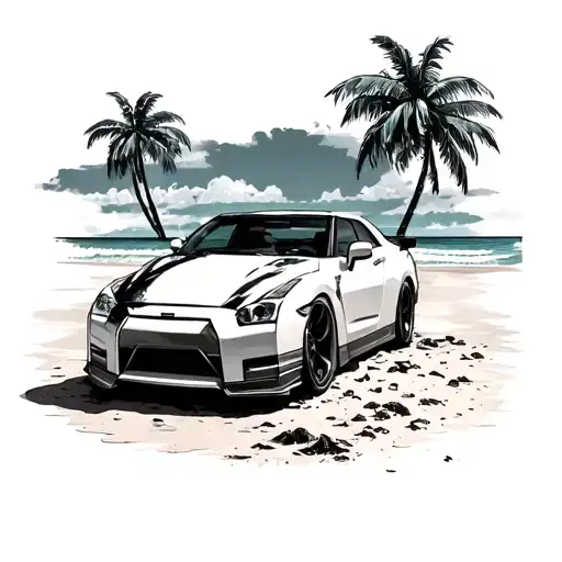 Nissan Gtr Beach Scene With Palm