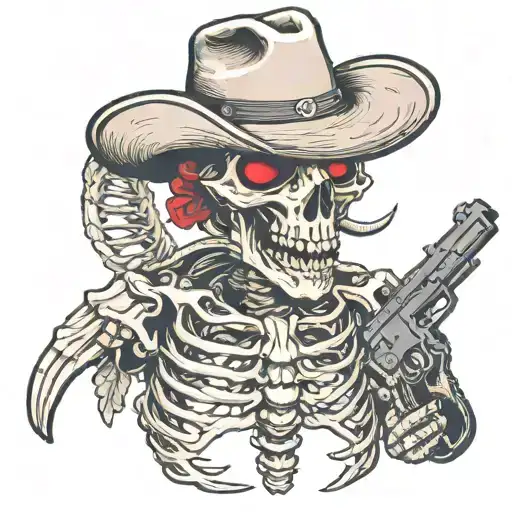 Raptor Skeleton Holding Dual Pistols With A Mustache And Cowboy Hat