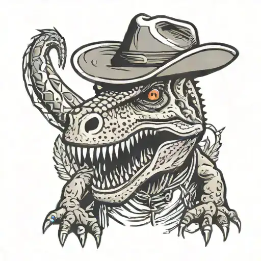 Dinosaur Holding Dual Pistols To Sides With A Mustache And Cowboy Hat