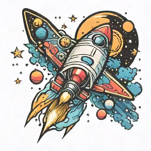 A Rocketship Flying In A Galaxy Colorful Filled With Planets And Stars