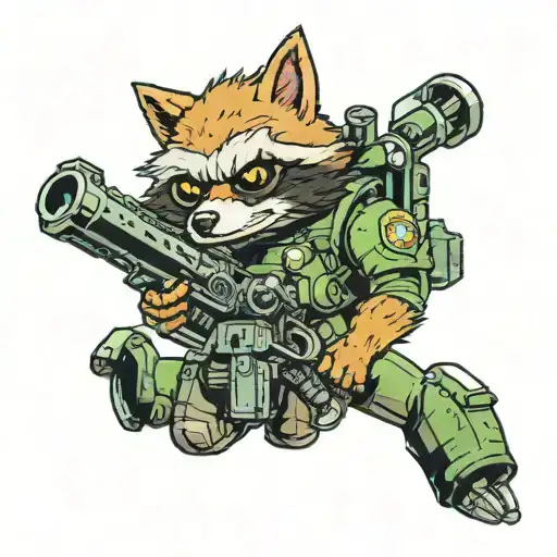Rocket From Gaurdians Of The Galaxy With Night Vision Goggles On His Head Carrying A Minigun