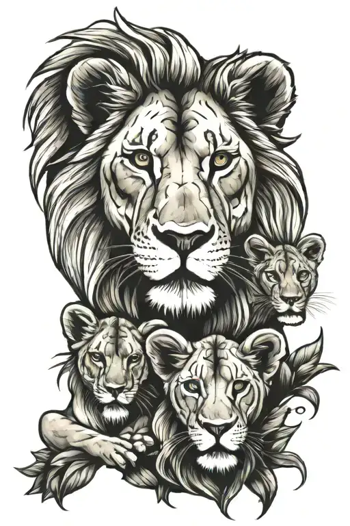 Lion Lioness And 2 Cubs Face Only