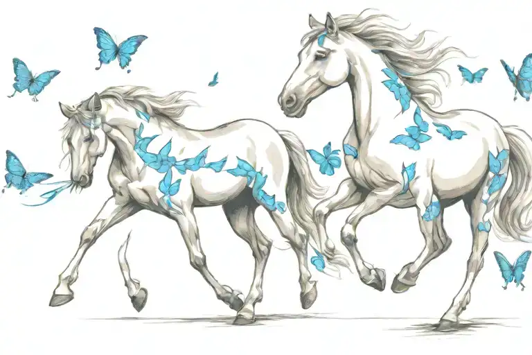 Horse And Cat Running Together With Blue Butterfies Following Behind