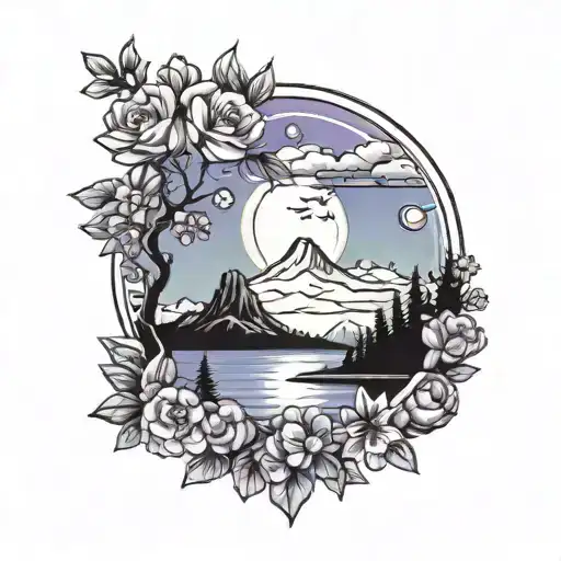 Moon Shining On Lake With Mountains In Background And Pine Trees And Lilac Flowers