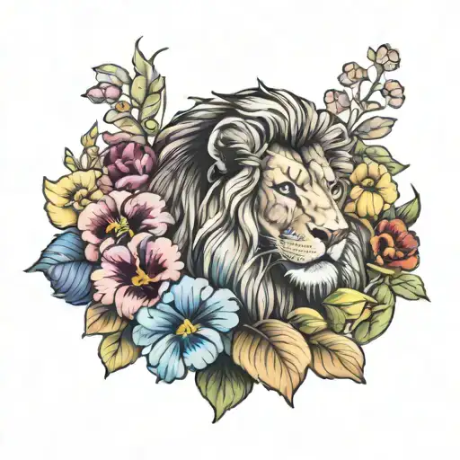Lion Leo Pansies Colorful Hyper Realistic