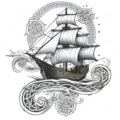 Celtic Ship Sailing With North Star Filled Sky