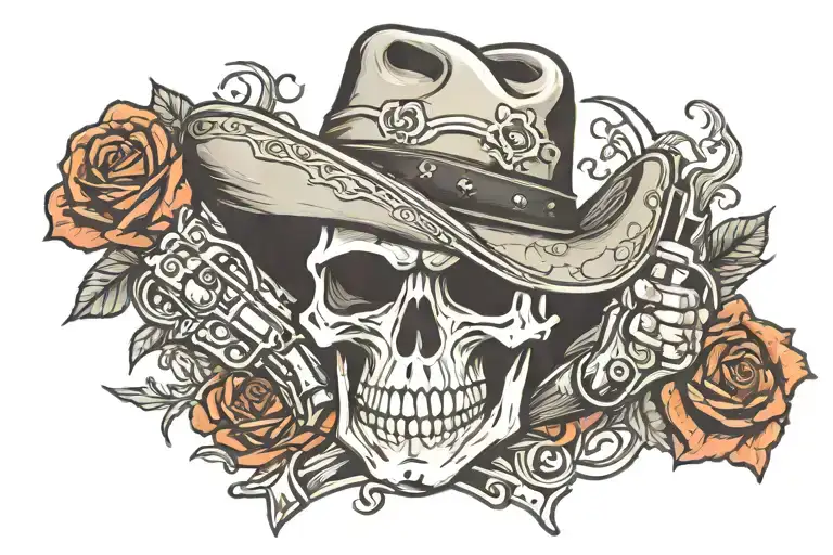 Skull Cowboy Hat Roses Guns Crossed