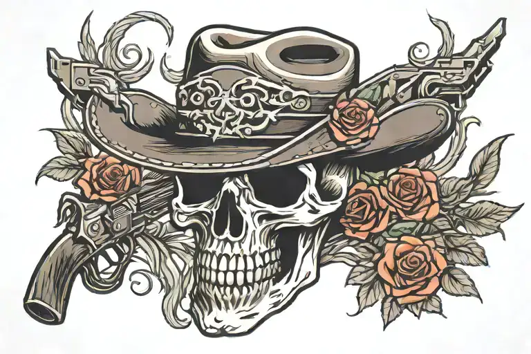 Skull Cowboy Hat Roses Guns Crossed