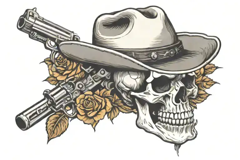 Skull With Cowboy Hat Roses Guns Crossed Together Representing