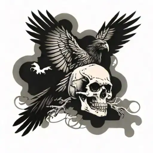Raven Flapping Its Wings Overlaying A Skull Faded