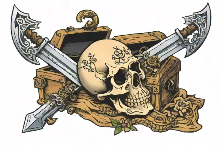 Skull With Sword Through The Eye Next To An Open Wood Treasure Chest