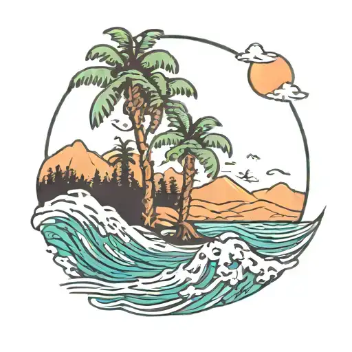 Lake Palm Tree Wave Evergreen Tree