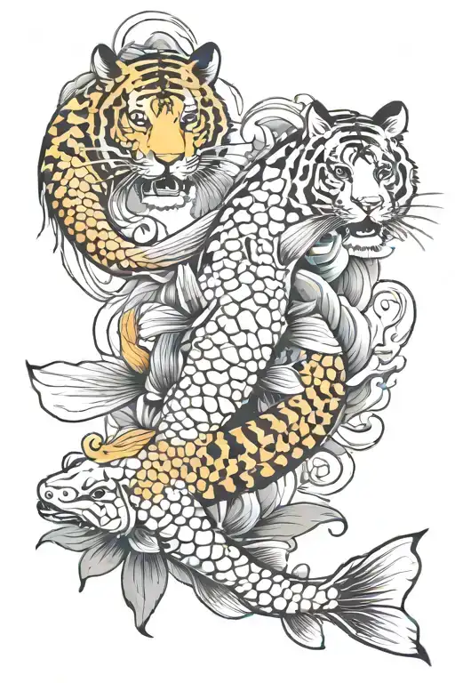 2 Koi Fish And A Tiger Emerging